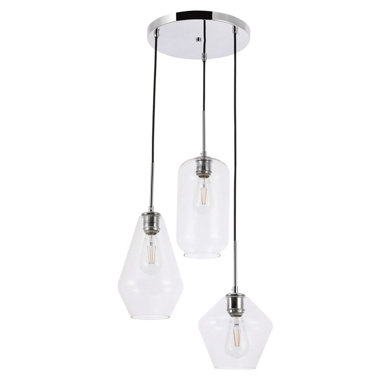 Living District Gene 3-Light Mid-Century Metal Pendant in Chrome and Clear
