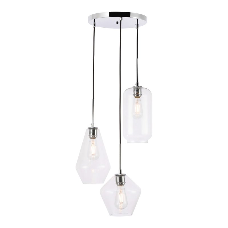 Living District Gene 3-Light Mid-Century Metal Pendant in Chrome and Clear