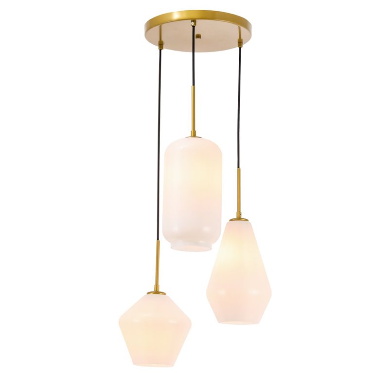 Living District Gene 3-Light Mid-Century Metal Pendant in Brass and White