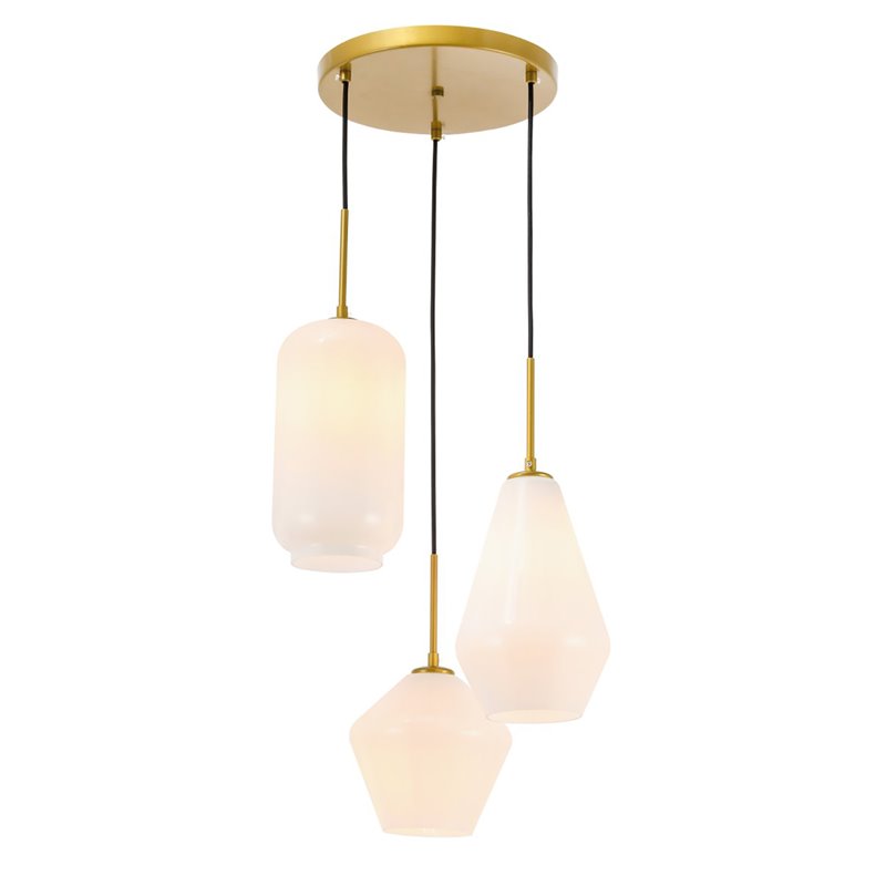 Living District Gene 3-Light Mid-Century Metal Pendant in Brass and White