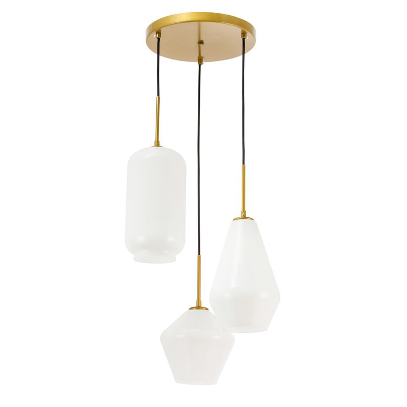 Living District Gene 3-Light Mid-Century Metal Pendant in Brass and White
