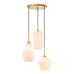 Living District Gene 3-Light Mid-Century Metal Pendant in Brass and White