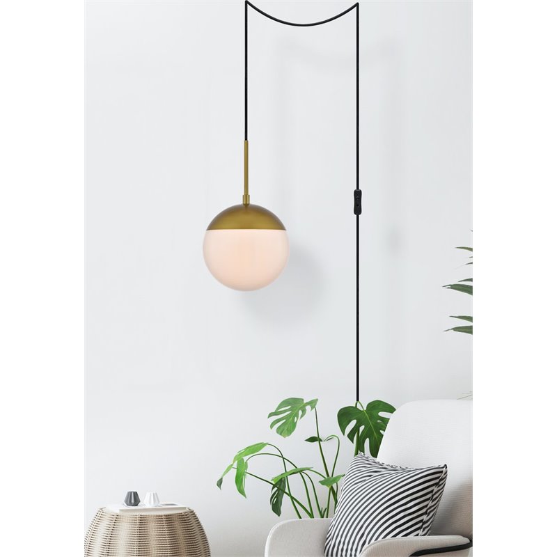 Living District Eclipse 1-Light Mid-Century Metal Pendant in Brass and White