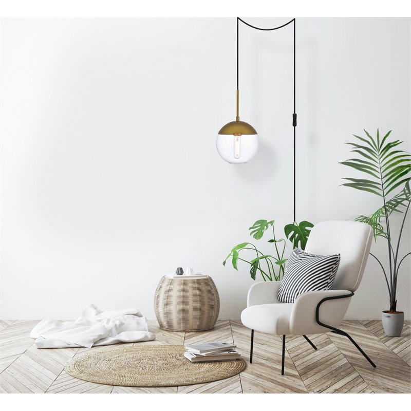 Living District Eclipse 1-Light Mid-Century Metal Pendant in Brass and Clear