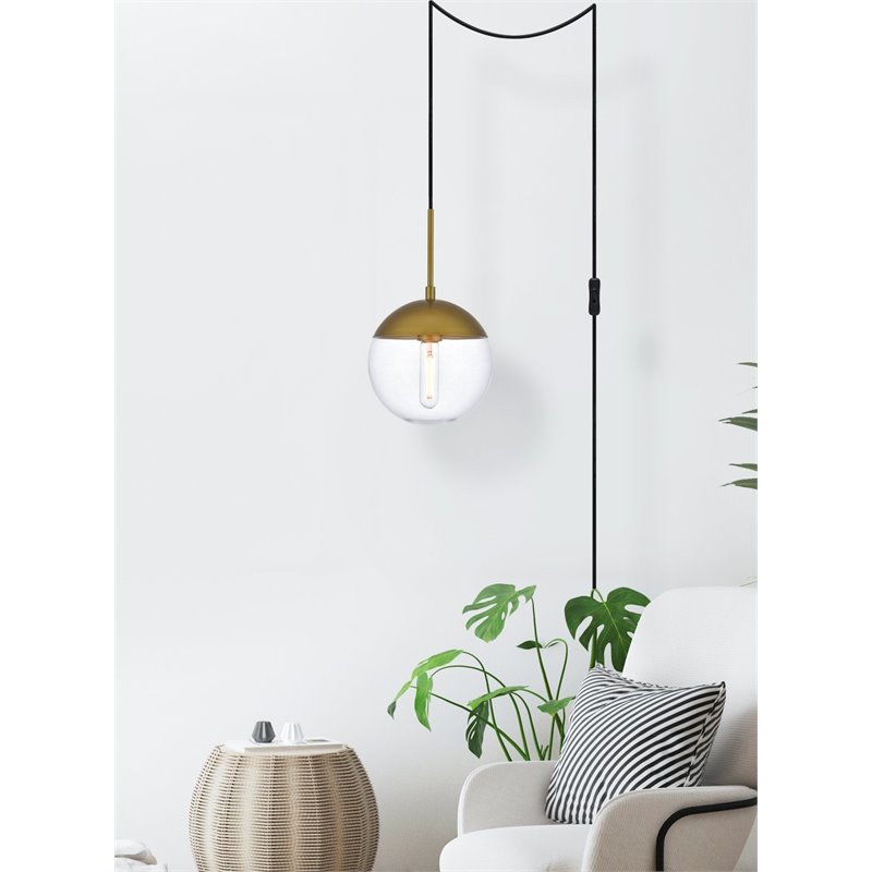 Living District Eclipse 1-Light Mid-Century Metal Pendant in Brass and Clear