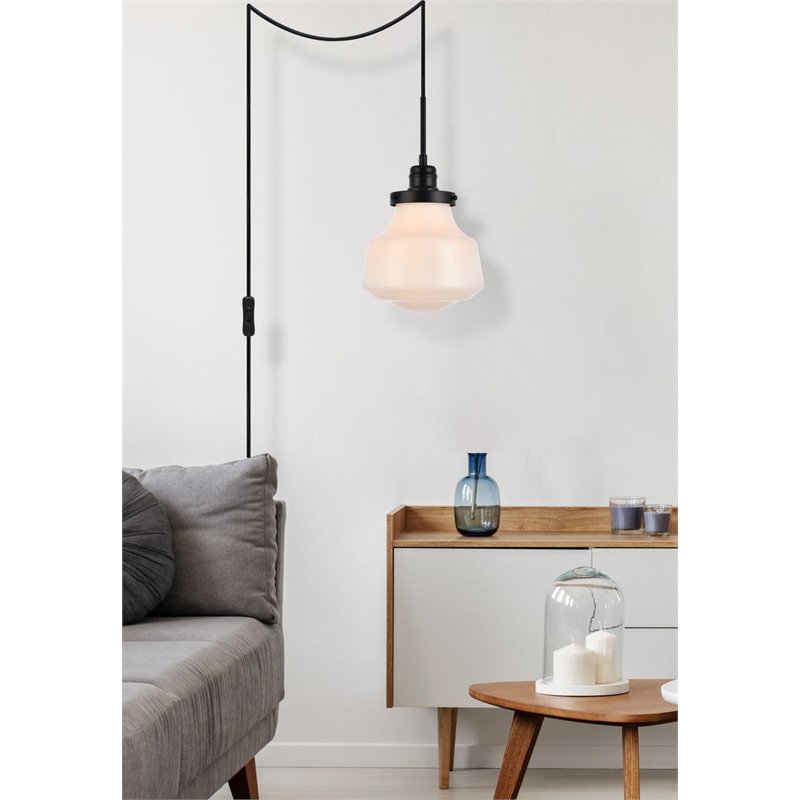 Living District Lye 1-Light Mid-Century Metal Pendant in Black and Frosted White