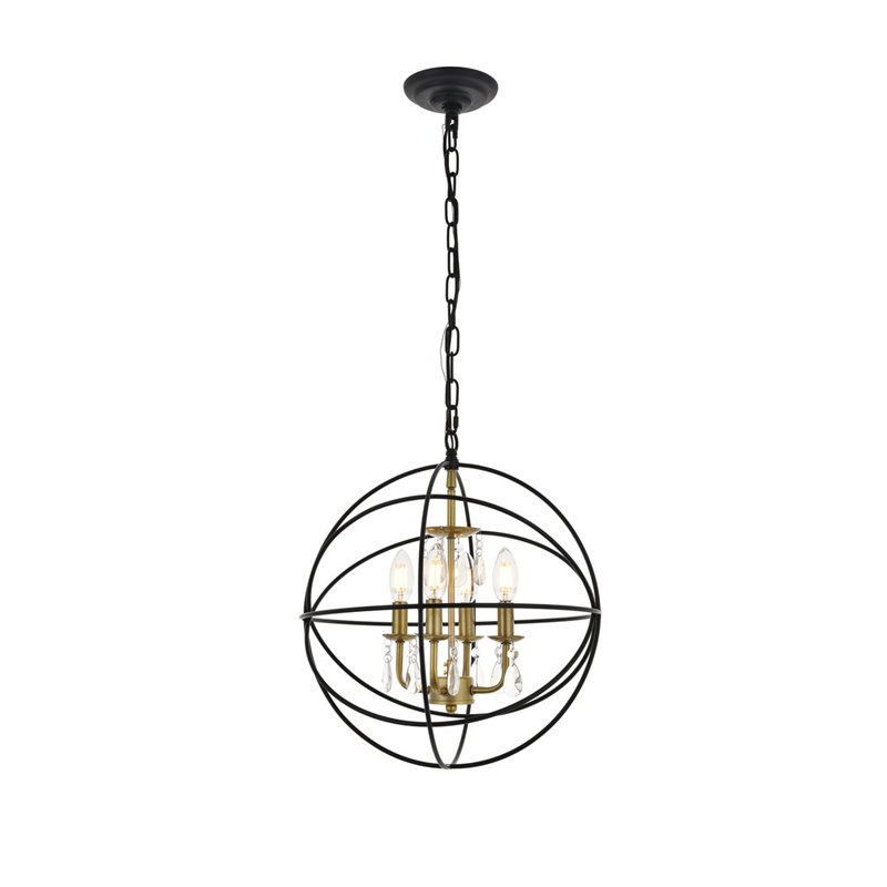 Living District Wallace 4-Light Metal Pendant in Matte Black and Brass and Clear