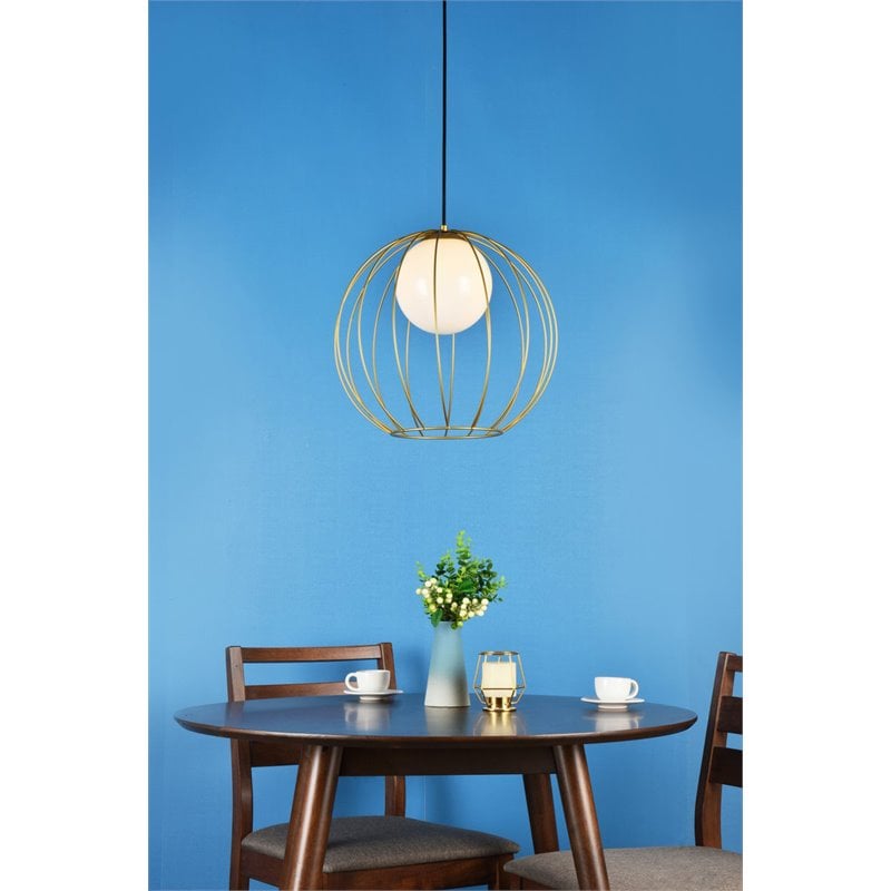 Living District Wetzel 1-Light Mid-Century Metal Pendant in Brass and White