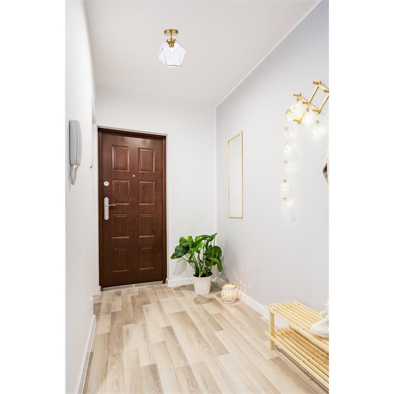 Living District Lawrence 1-Light Mid-Century Metal Flush Mount in Brass/Clear