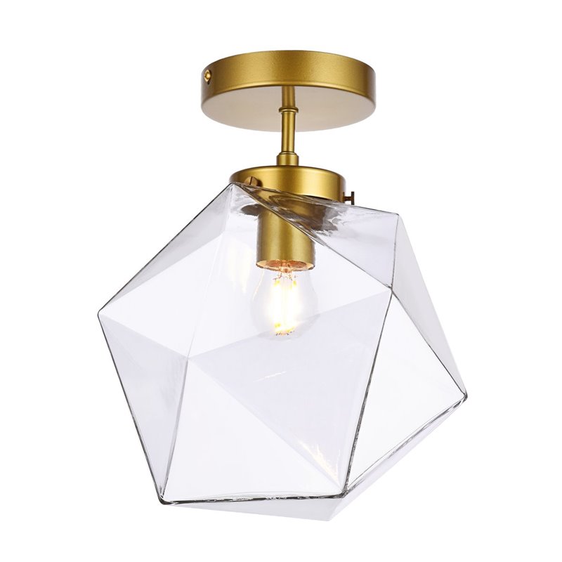Living District Lawrence 1-Light Mid-Century Metal Flush Mount in Brass/Clear