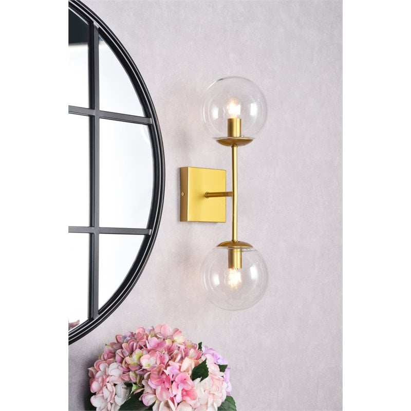 Living District Neri 2-Light Mid-Century Metal Wall Sconce in Brass and Clear