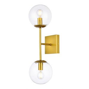 Living District Neri 2-Light Mid-Century Metal Wall Sconce in Brass and Clear