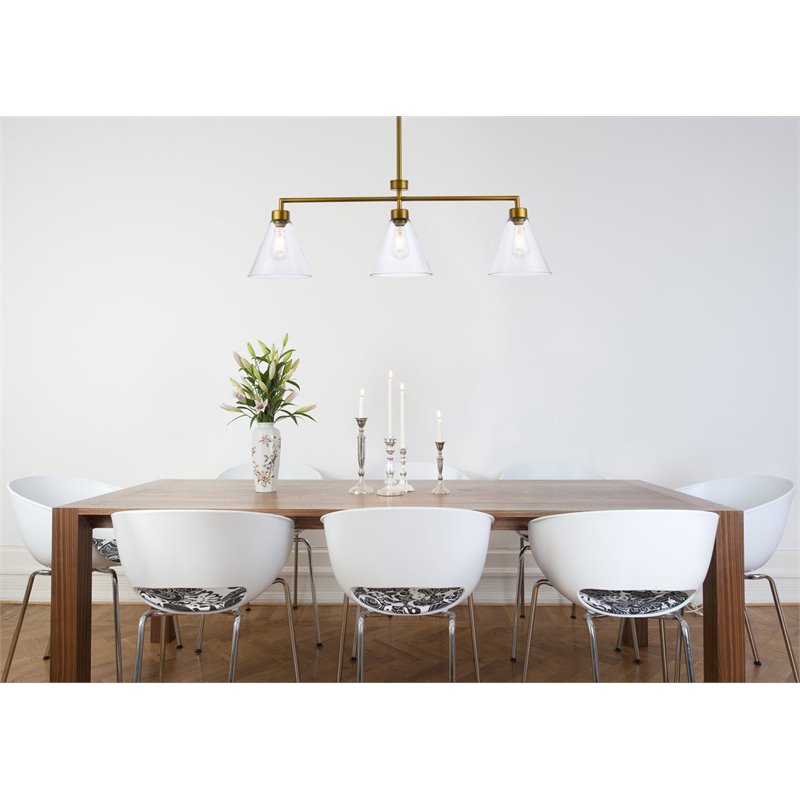 Living District Mera 3-Light Mid-Century Metal Pendant in Brass and Clear