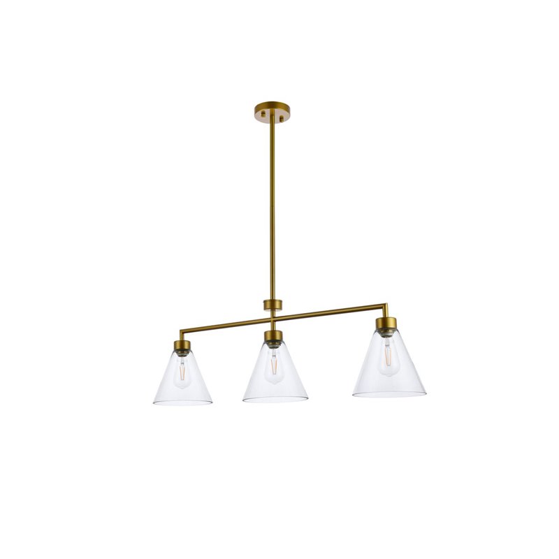 Living District Mera 3-Light Mid-Century Metal Pendant in Brass and Clear