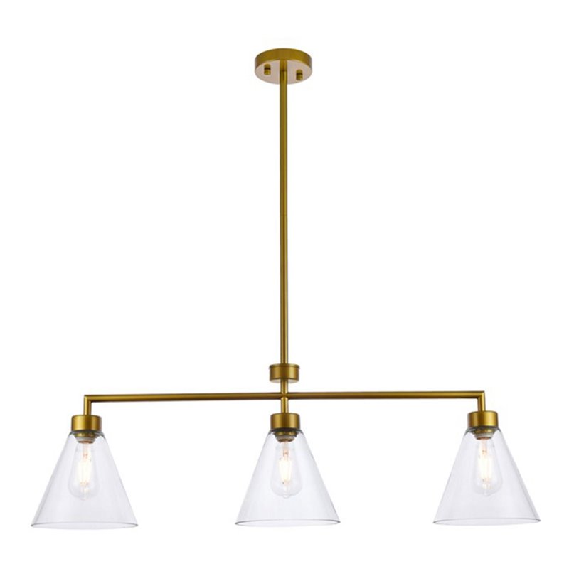 Living District Mera 3-Light Mid-Century Metal Pendant in Brass and Clear