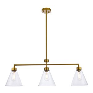 Living District Mera 3-Light Mid-Century Metal Pendant in Brass and Clear