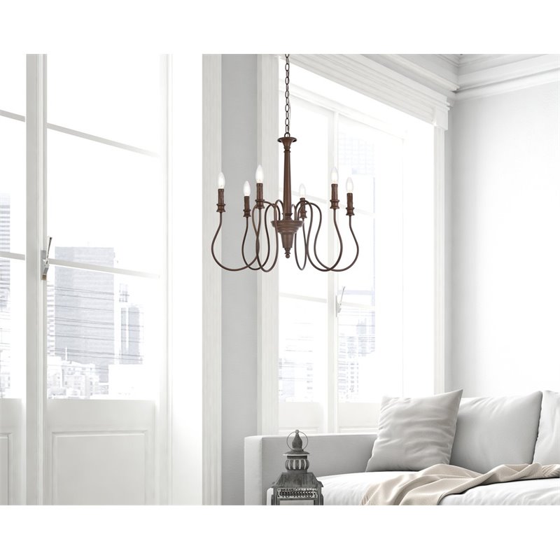 Living District Flynx 6-Light Mid-Century Metal Pendant in Weathered Oak