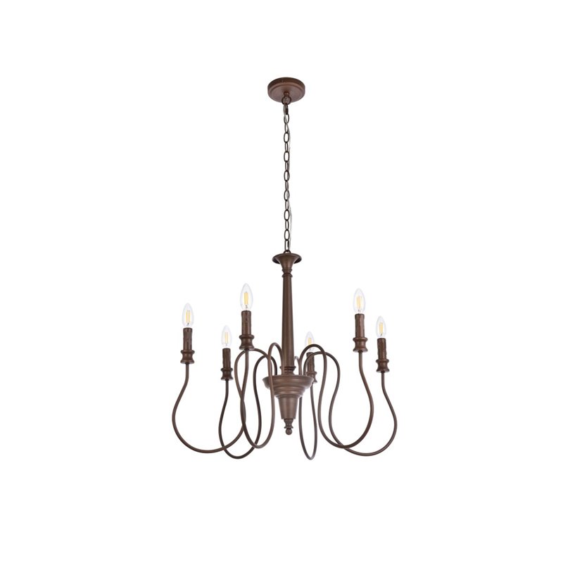 Living District Flynx 6-Light Mid-Century Metal Pendant in Weathered Oak