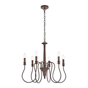 Living District Flynx 6-Light Mid-Century Metal Pendant in Weathered Oak