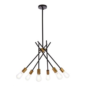 living district lucca 6-light mid-century metal pendant in black and brass