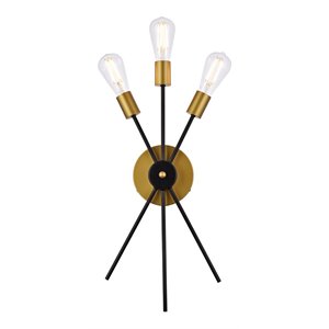 living district lucca 3-light mid-century metal bath sconce in black and brass