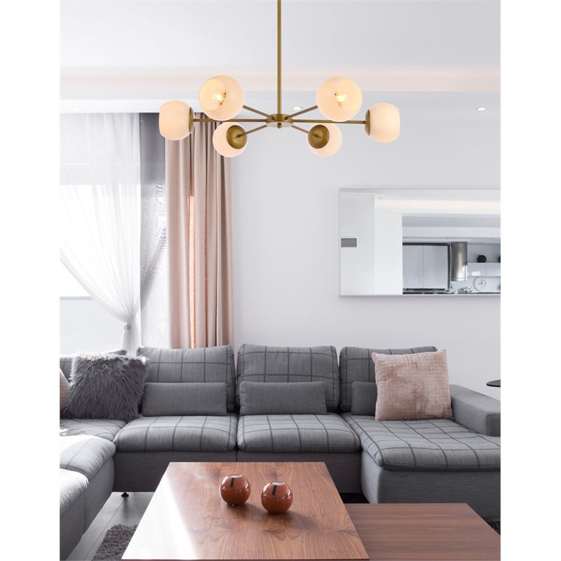 Living District Briggs 6-Light Mid-Century Metal Pendant in Brass/White