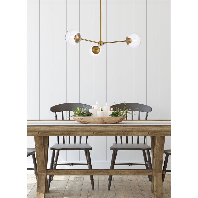 Living District Briggs 3-Light Mid-Century Metal Pendant in Brass and Clear