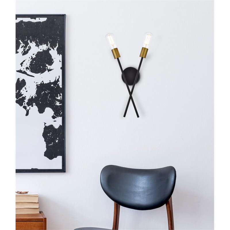 Living District Armin 2-Light Mid-Century Metal Wall Sconce in Black and Brass