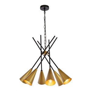 living district casen 6-light mid-century metal pendant in black and brass
