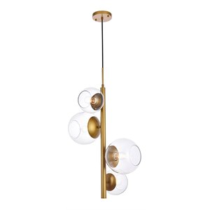 Living District Wells 4-Light Mid-Century Metal Pendant in Brass and Clear