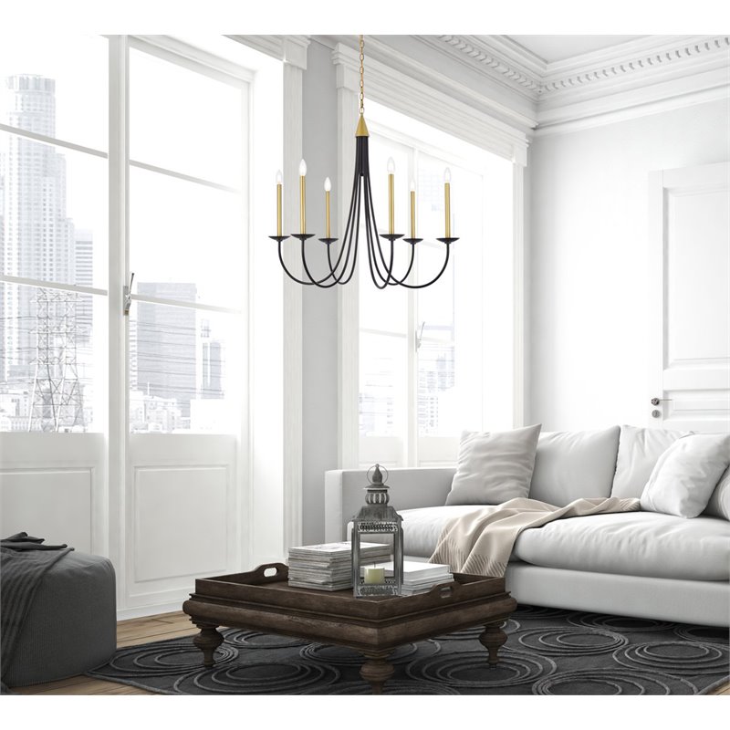 Living District Cohen 6-Light Mid-Century Metal Pendant in Black/Brass Finish
