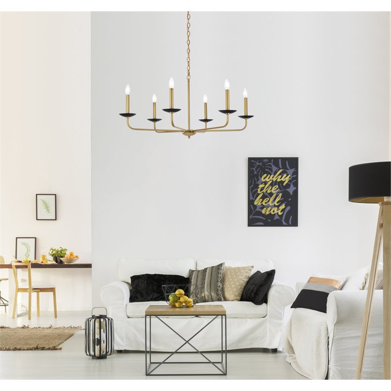 Living District Cohen 6-Light Mid-Century Style Metal Pendant in Black and Brass