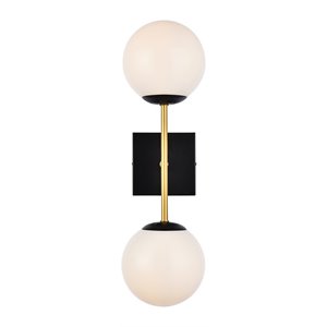 Living District Neri 2-Light Metal Wall Sconce w/ White Shade in Black and Brass