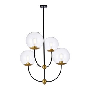 Living District Lennon 4-Light Metal Pendant w/ Clear Shade in Black and Brass