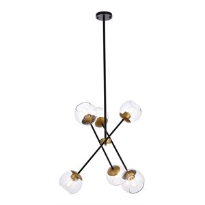 Living District Axl 6-Light Metal Pendant w/ Clear Shade in Black and Brass