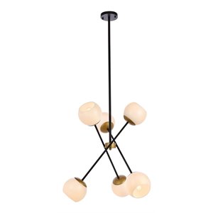 Living District Axl 6-Light Metal Pendant w/ White Shade in Black and Brass