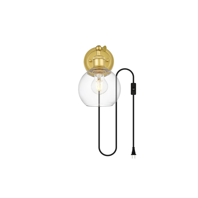 Living District Wesson 1-Light Metal Plug-in Wall Sconce in Brass/Clear