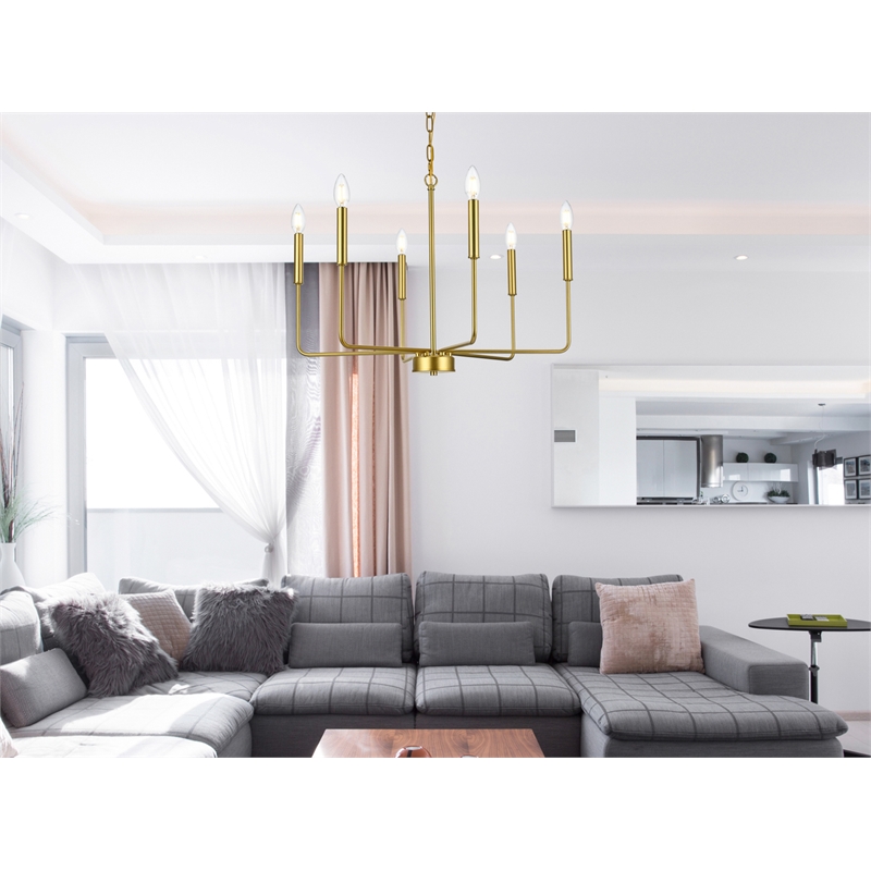 Living District Willa 6-Light Modern Iron Metal Pendant Light in Brass