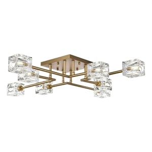 living district lyra 8-light metal & glass flush mount in satin gold/clear