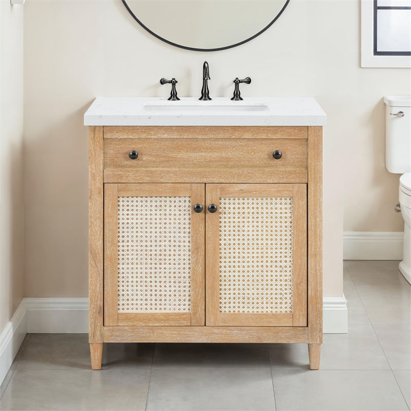 31''Cane Paneled Bathroom Vanity with Engineered Stone Top
