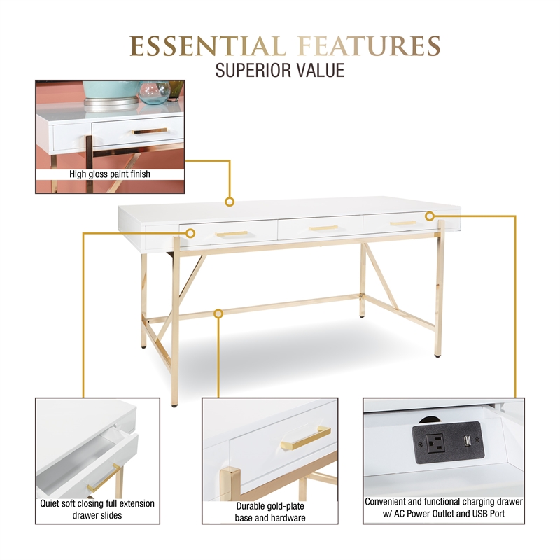 Broadway Desk with White Gloss and Gold Plated Finish