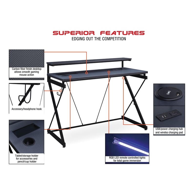 Emulator Battlestation Black Gaming Desk in Engineered Wood with RGB LED Lights