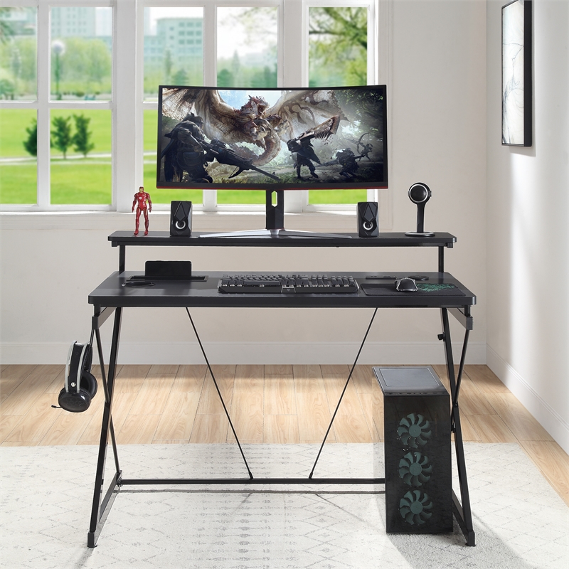 Emulator Battlestation Black Gaming Desk in Engineered Wood with RGB LED Lights