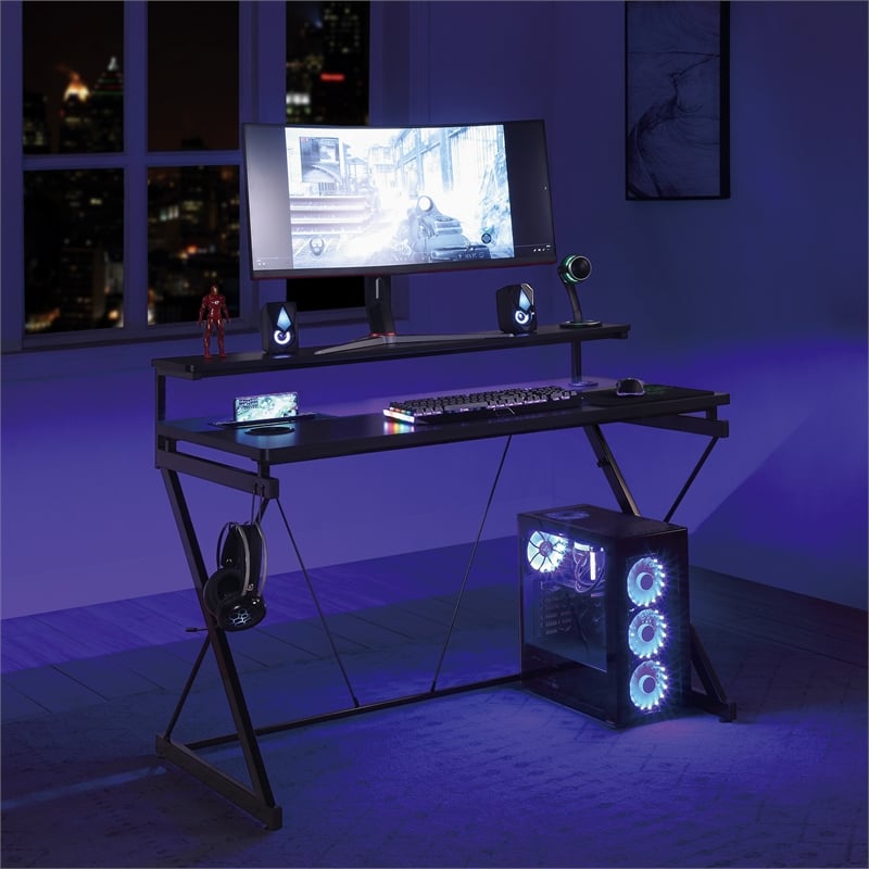 Emulator Battlestation Black Gaming Desk in Engineered Wood with RGB LED Lights
