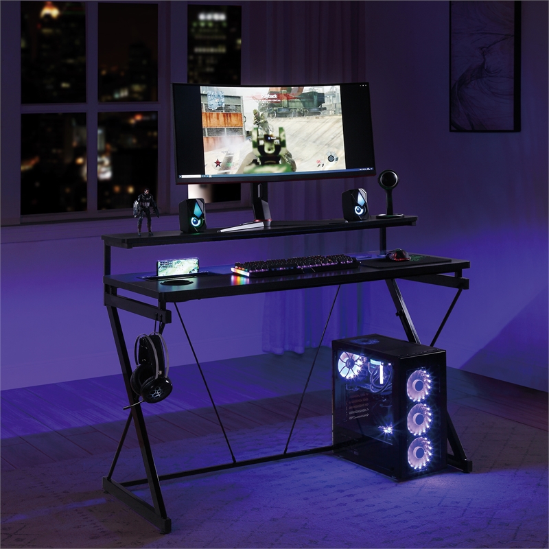 Code Battlestation Gaming Black and Carbon Desk with RGB LED Lights ...