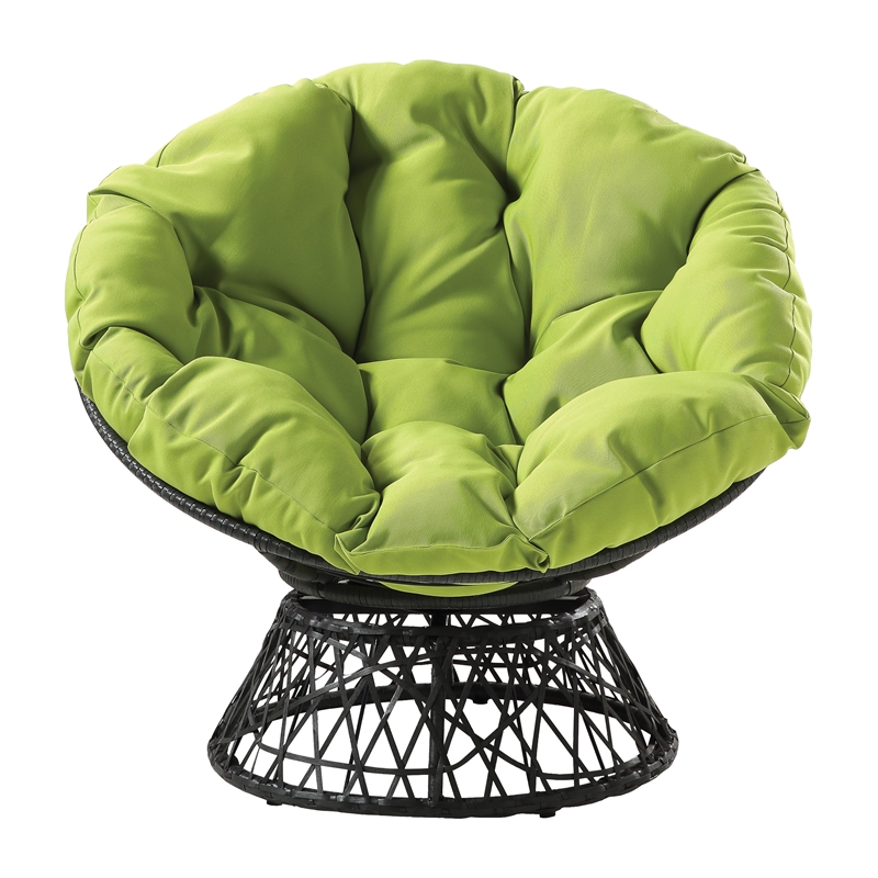 Papasan Chair with Green Fabric cushion and Black Resin Wicker Frame