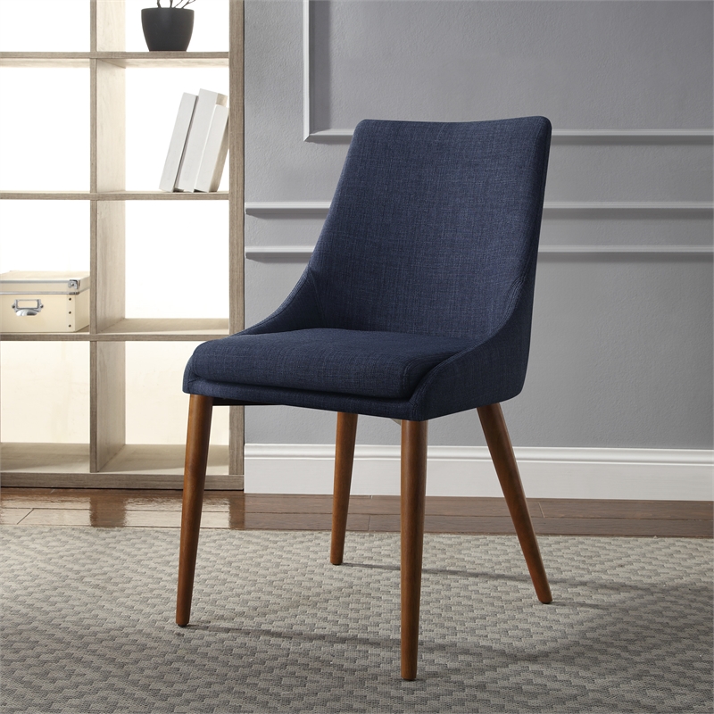 Palmer Mid-Century Modern Fabric Dining Accent Chair in Navy Blue Fabric 2 Pack