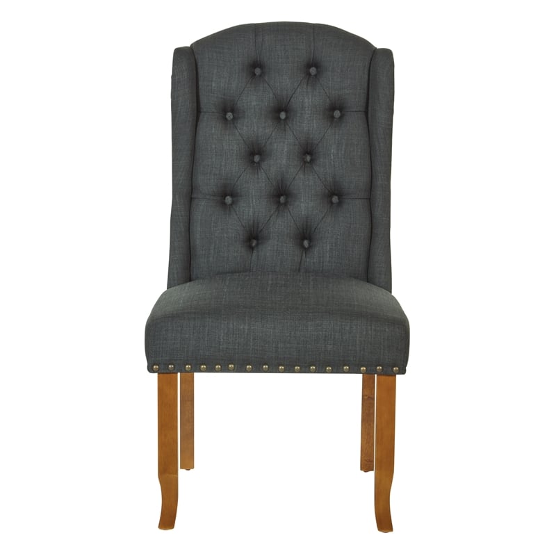 Jessica Tufted Wing Chair in Charcoal Gray Fabric with Bronze Nailheads