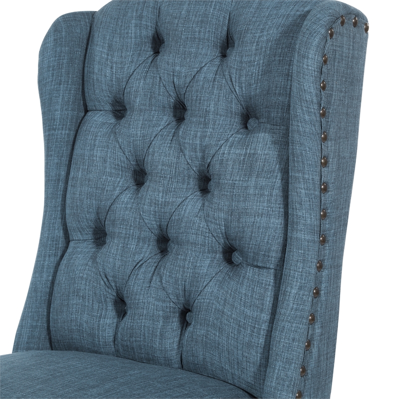 Jessica Tufted Wing Chair in Navy Blue Fabric with Bronze Nailheads