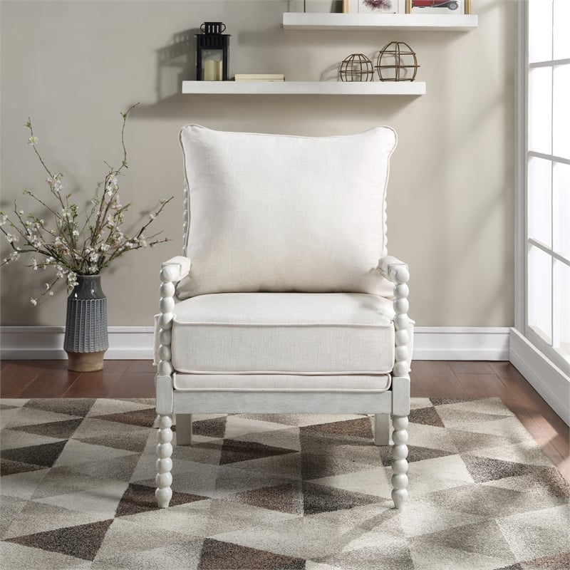 Kaylee Spindle Chair in Linen Beige Fabric with White Frame